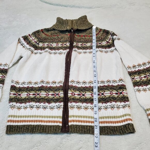Tiara White Green Knit Fair Isle Cozy Everyday Fall Turtleneck Cardigan Women S - Picture 6 of 9